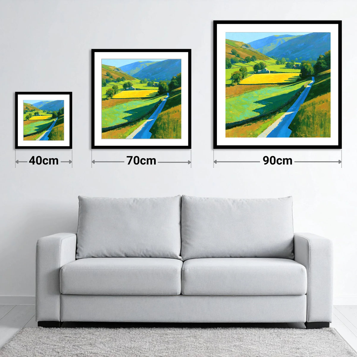 Vibrant Valley Below Blue Fells - size guide showing 40cm, 70cm and 90cm art prints