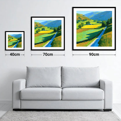 Vibrant Valley Below Blue Fells - size guide showing 40cm, 70cm and 90cm art prints