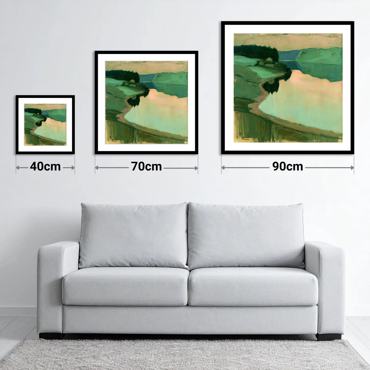 Still Lake at Peach Dawn - size guide showing 40cm, 70cm and 90cm art prints