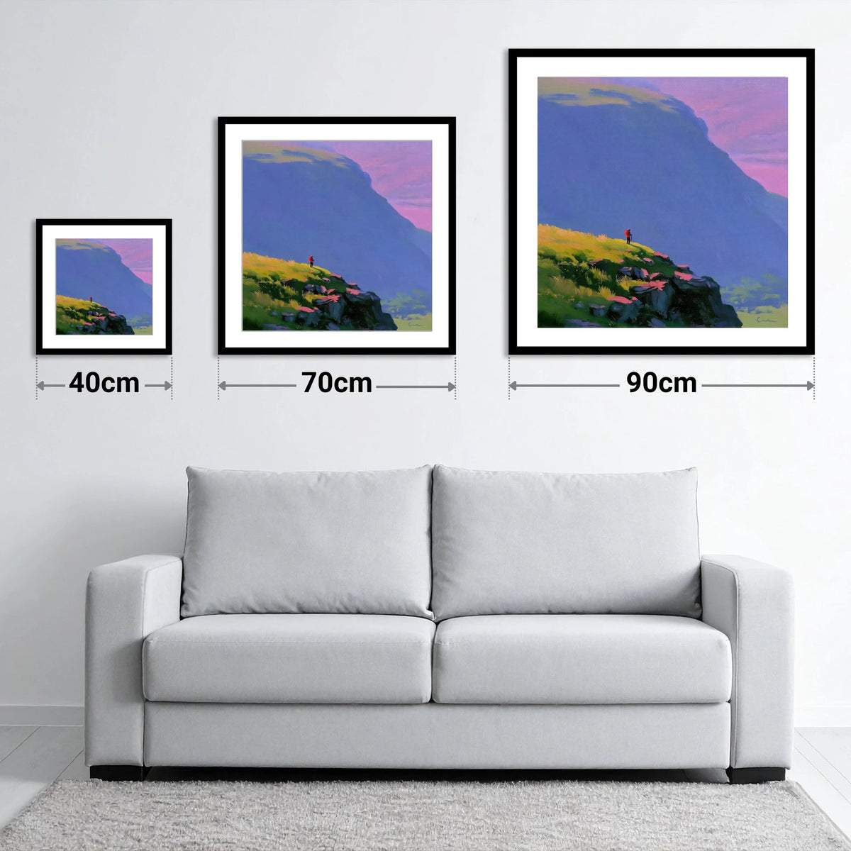 Fell Walker Under Lilac Sky - size guide showing 40cm, 70cm and 90cm art prints