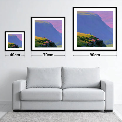 Fell Walker Under Lilac Sky - size guide showing 40cm, 70cm and 90cm art prints