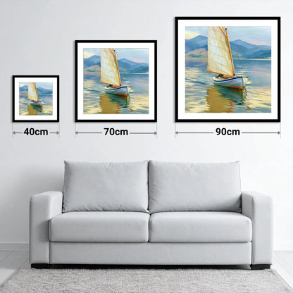 Sailing Boat on Golden Water - size guide showing 40cm, 70cm and 90cm art prints
