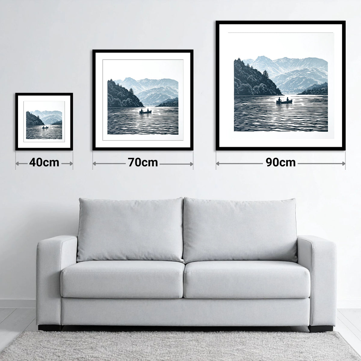 Windermere Canoe In Deep Blue - size guide showing 40cm, 70cm and 90cm art prints