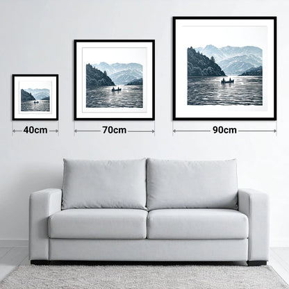 Windermere Canoe In Deep Blue - size guide showing 40cm, 70cm and 90cm art prints
