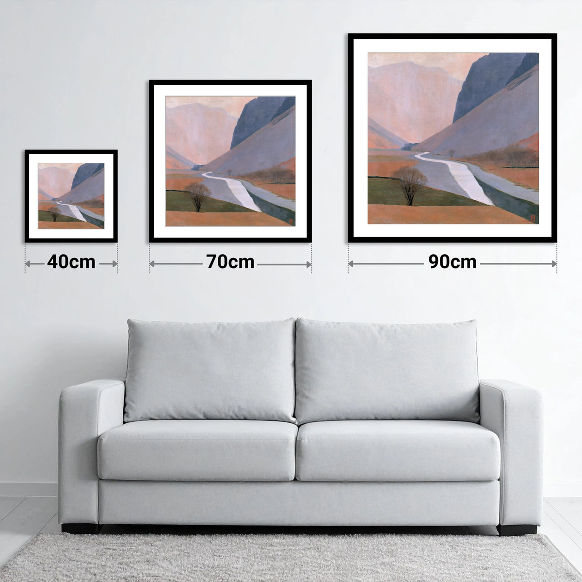 Winding River Beneath Slate Fells - size guide showing 40cm, 70cm and 90cm art prints