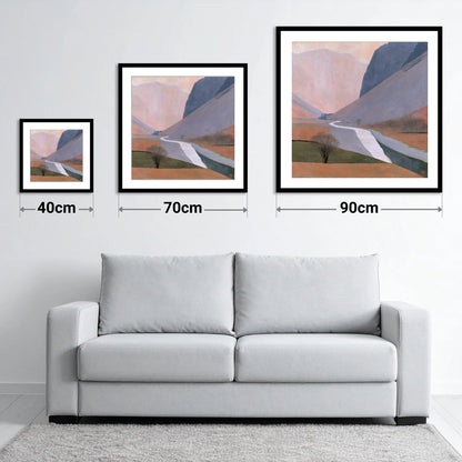 Winding River Beneath Slate Fells - size guide showing 40cm, 70cm and 90cm art prints