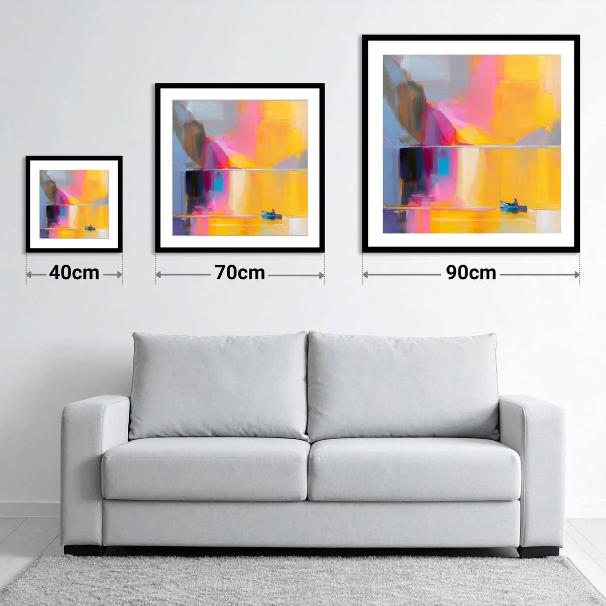 Vibrant Lake Kayaking in Gold - size guide showing 40cm, 70cm and 90cm art prints