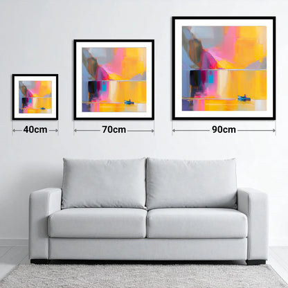 Vibrant Lake Kayaking in Gold - size guide showing 40cm, 70cm and 90cm art prints
