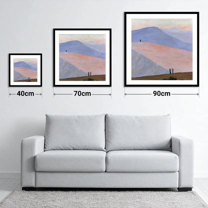 Hikers on Sweeping Pastel Fells - size guide showing 40cm, 70cm and 90cm art prints