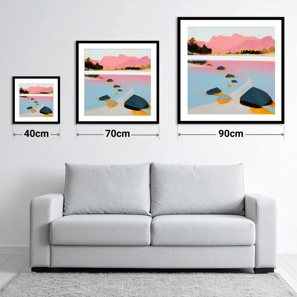 Elterwater Rocks and Pink Fells - size guide showing 40cm, 70cm and 90cm art prints