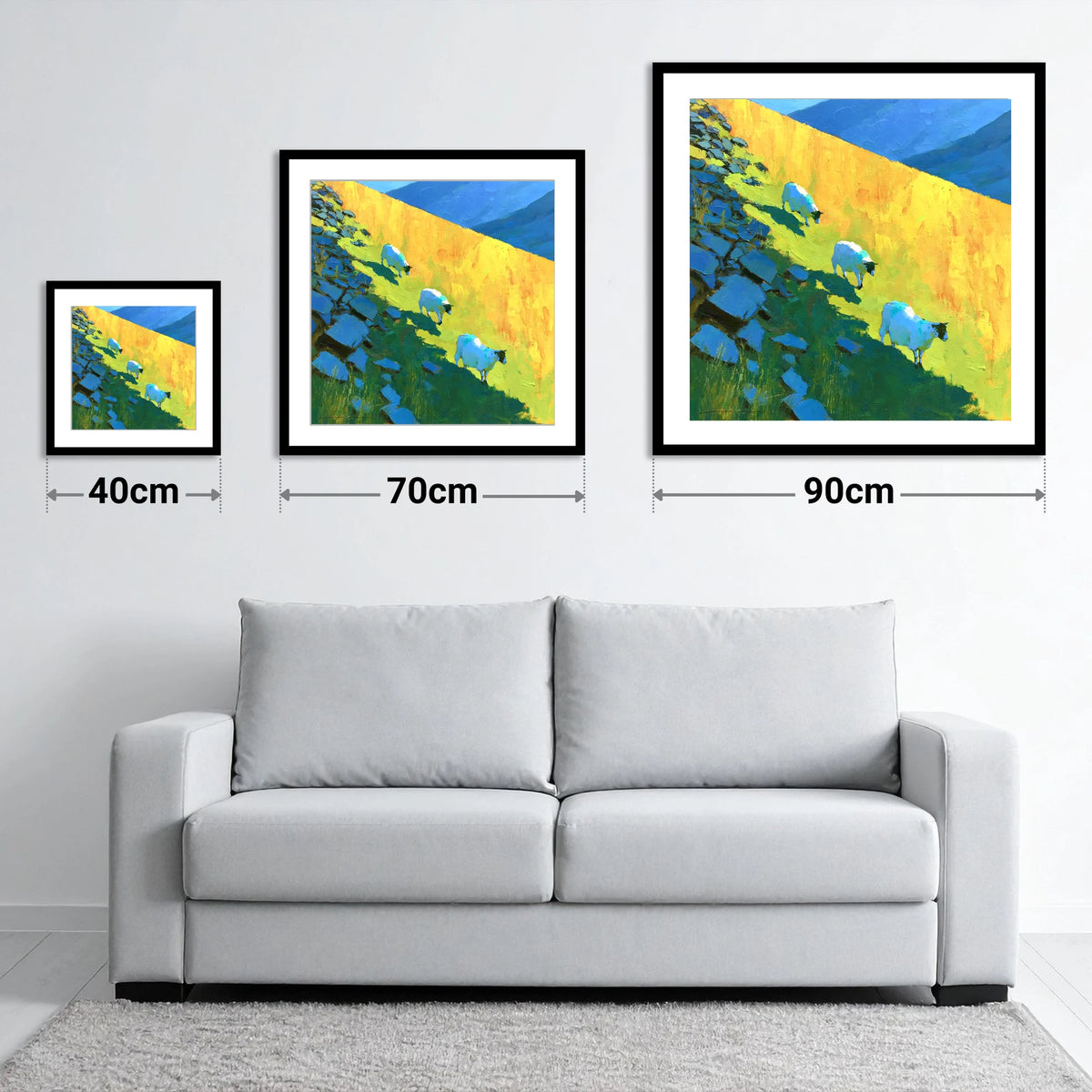 Fellside Sheep in Radiant Mountain Sunlight - size guide showing 40cm, 70cm and 90cm art prints