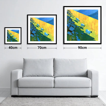 Fellside Sheep in Radiant Mountain Sunlight - size guide showing 40cm, 70cm and 90cm art prints