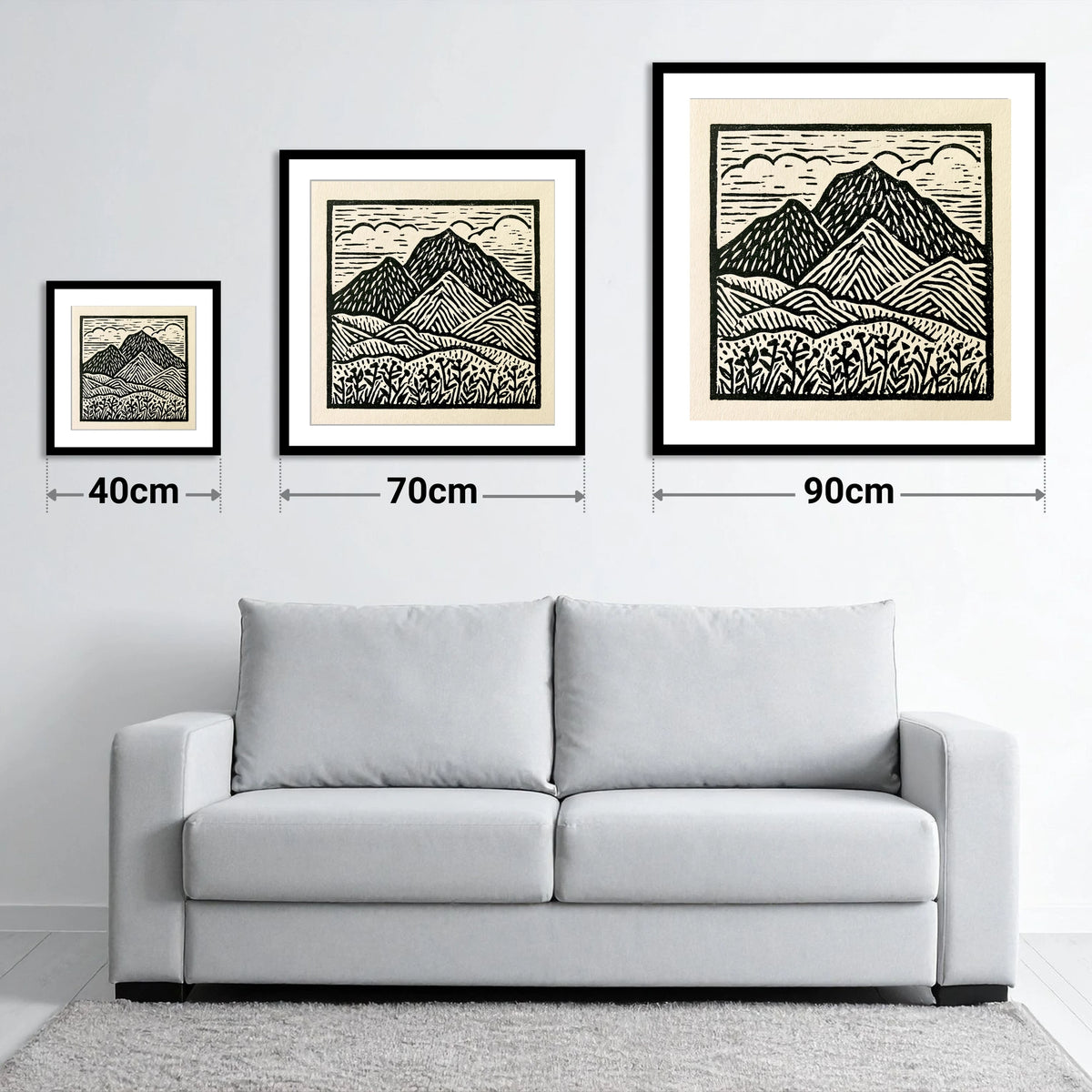 Scafell Pike in Monochrome - size guide showing 40cm, 70cm and 90cm art prints