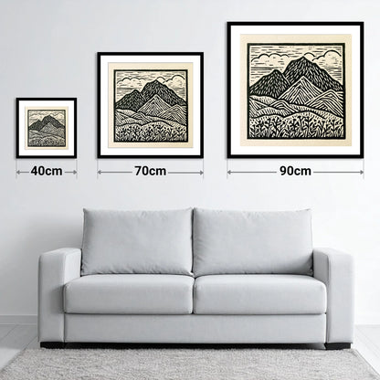 Scafell Pike in Monochrome - size guide showing 40cm, 70cm and 90cm art prints