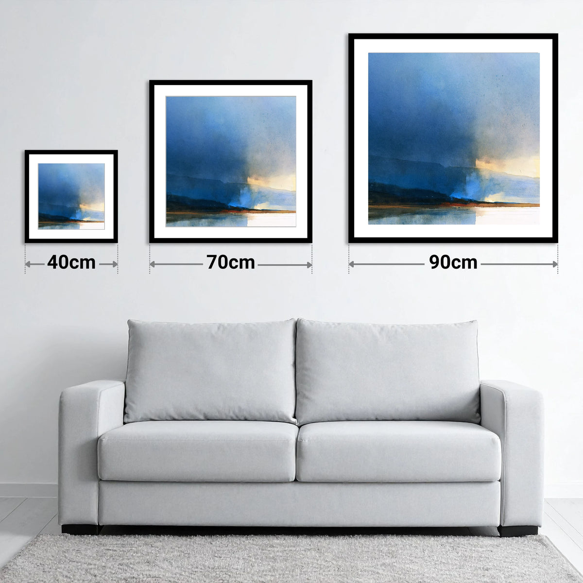 Indigo Storm Over the Fells - size guide showing 40cm, 70cm and 90cm art prints