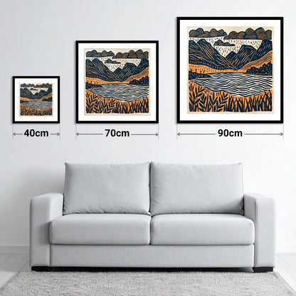 Dawn Lake In Navy And Terracotta - size guide showing 40cm, 70cm and 90cm art prints