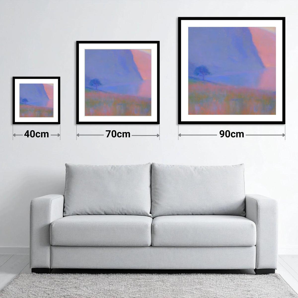 Luminous Dusk at Buttermere - size guide showing 40cm, 70cm and 90cm art prints