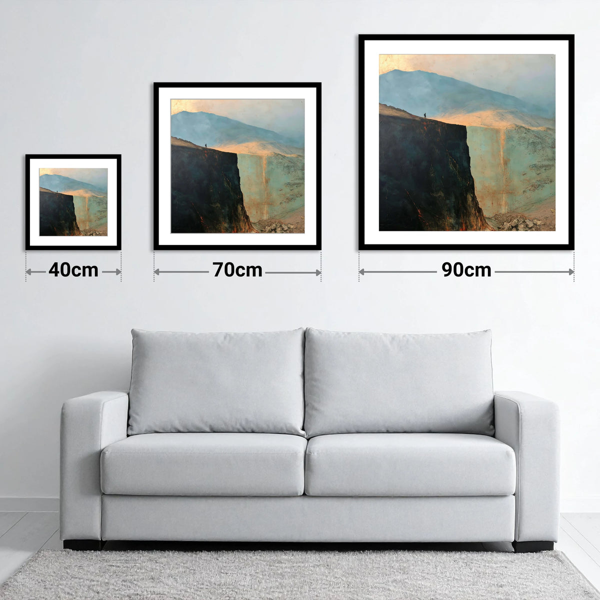 Blencathra Escarpment in Golden Light - size guide showing 40cm, 70cm and 90cm art prints