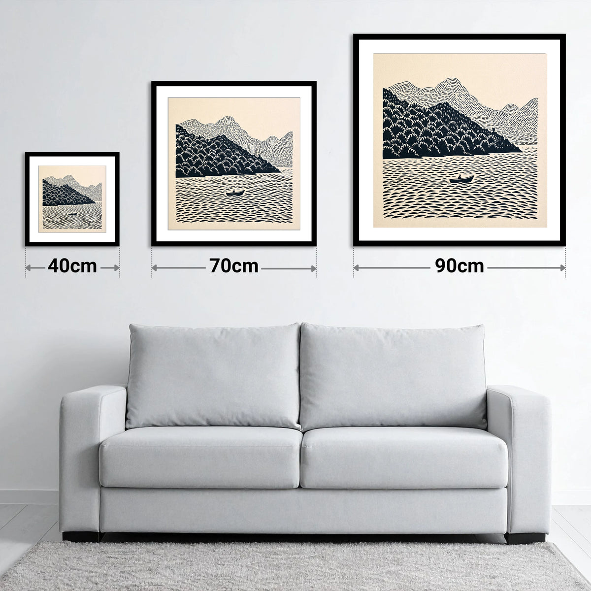 Rowing Boat Beneath Coniston Fells - size guide showing 40cm, 70cm and 90cm art prints