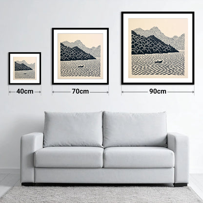 Rowing Boat Beneath Coniston Fells - size guide showing 40cm, 70cm and 90cm art prints