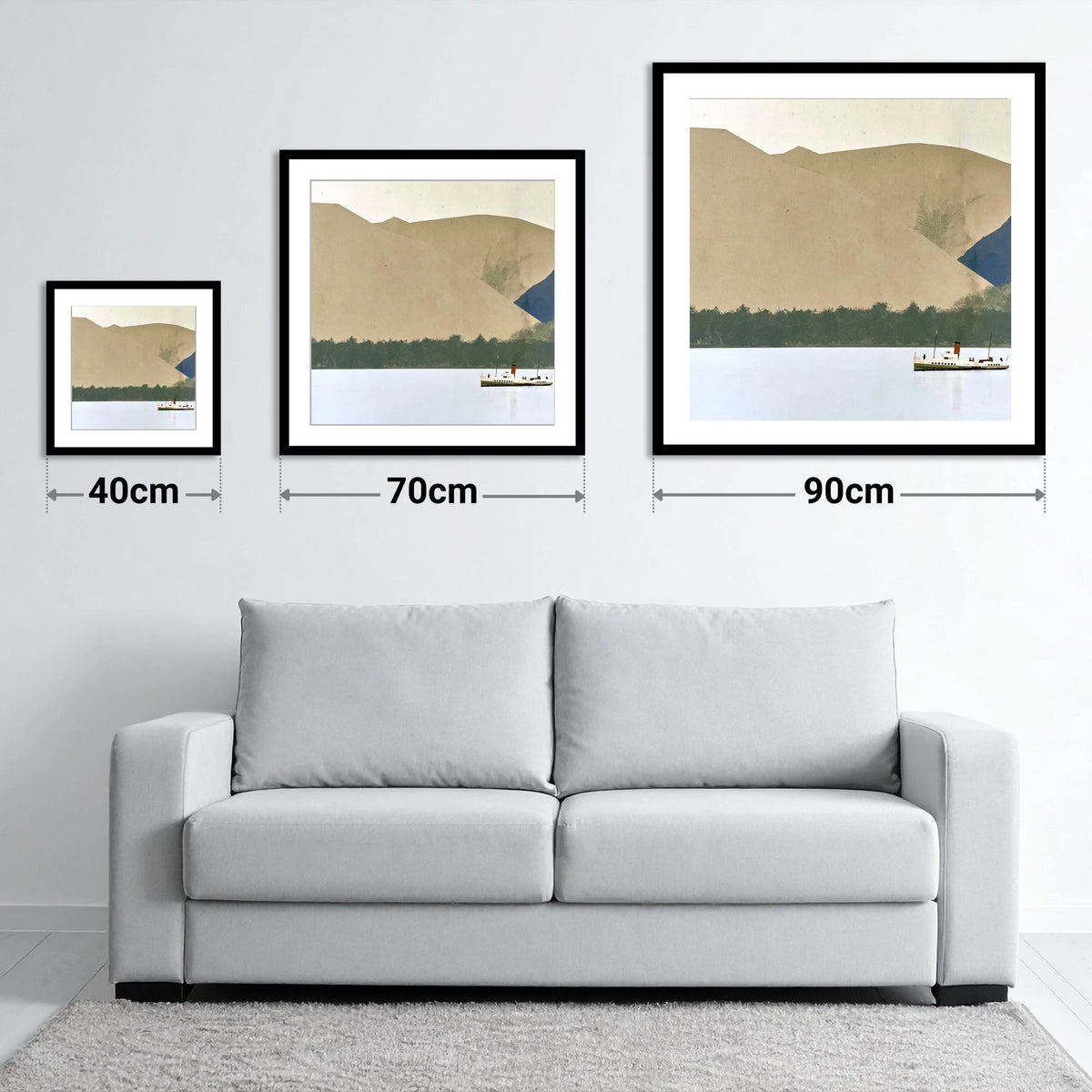 Ullswater Steamer Beneath Earthy Fells - size guide showing 40cm, 70cm and 90cm art prints