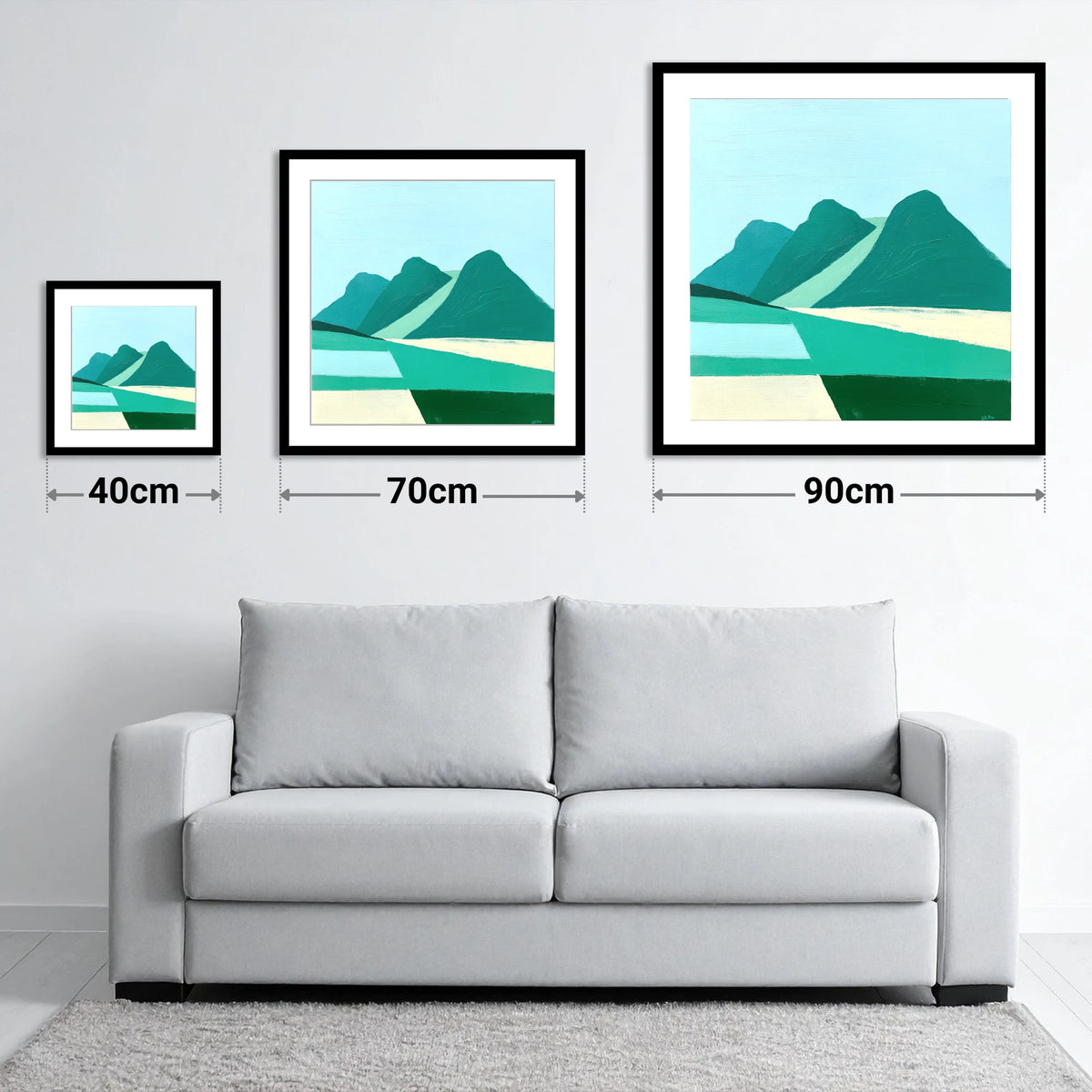 Geometric Langdale Pikes in Teal - size guide showing 40cm, 70cm and 90cm art prints