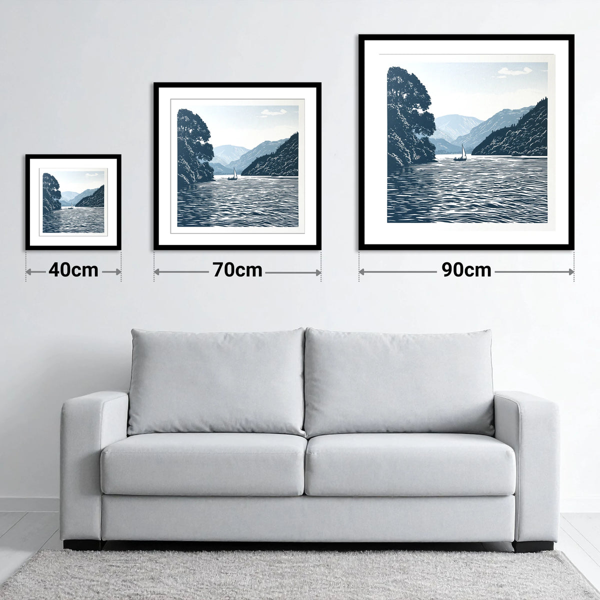 Ullswater Sailboat in Navy Blue - size guide showing 40cm, 70cm and 90cm art prints