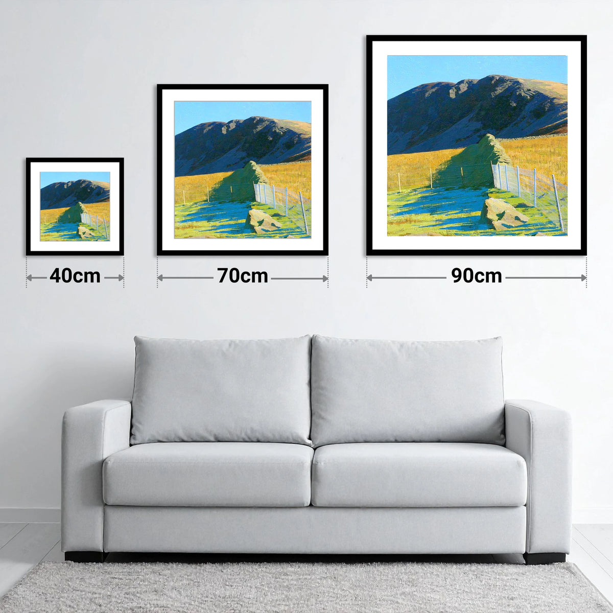 Shipman Knotts Frosty Morning Light - size guide showing 40cm, 70cm and 90cm art prints