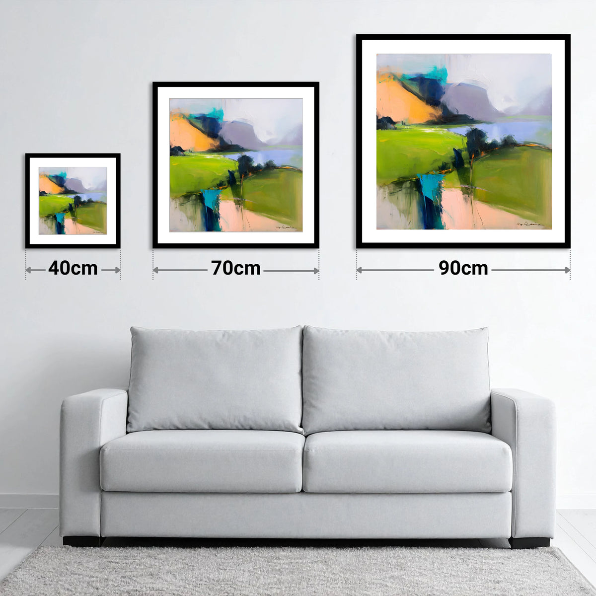Vivid Green Valley Between Fells - size guide showing 40cm, 70cm and 90cm art prints