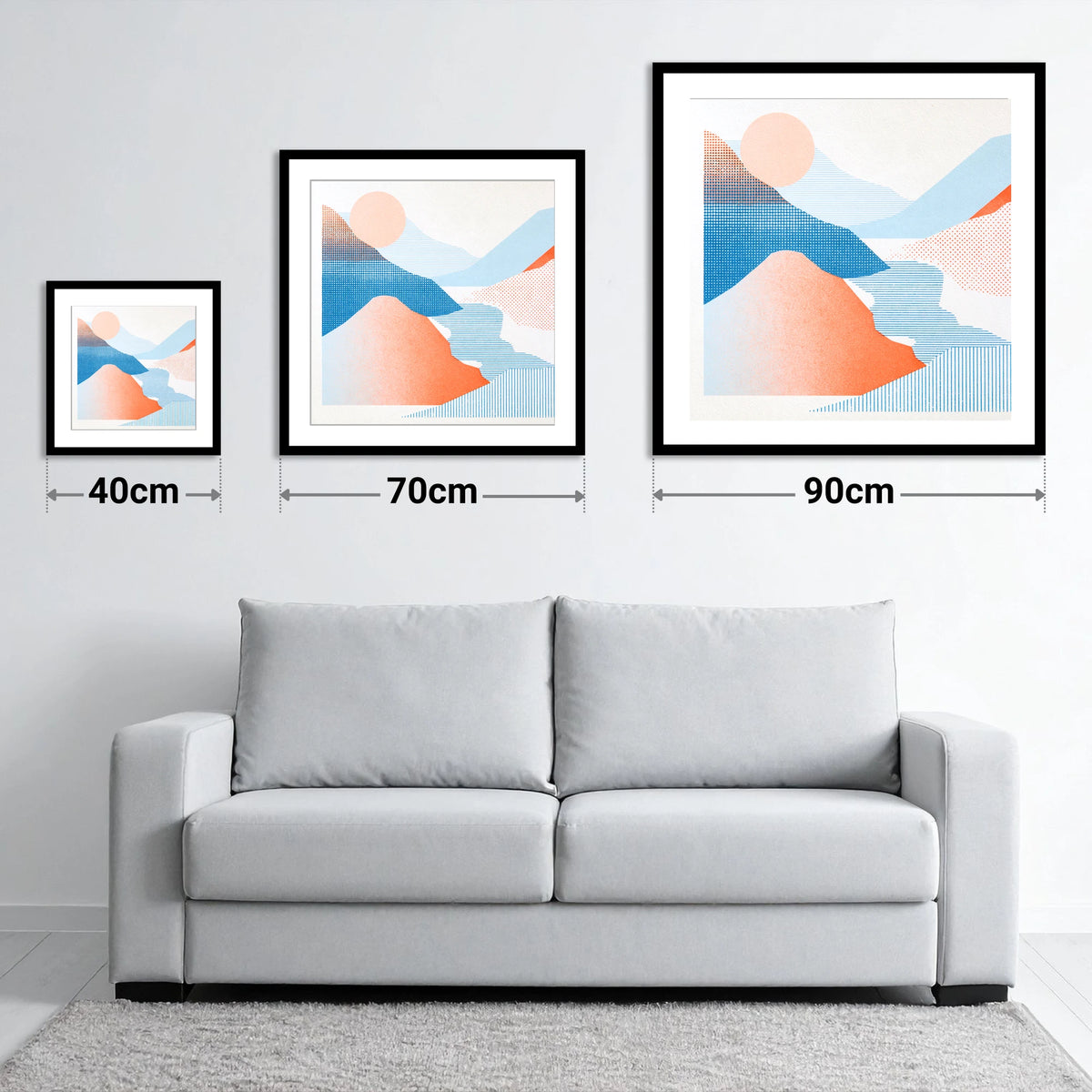 Graphic Eskdale Valley in Coral - size guide showing 40cm, 70cm and 90cm art prints