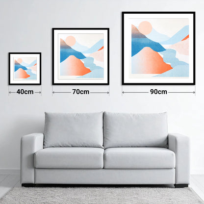 Graphic Eskdale Valley in Coral - size guide showing 40cm, 70cm and 90cm art prints