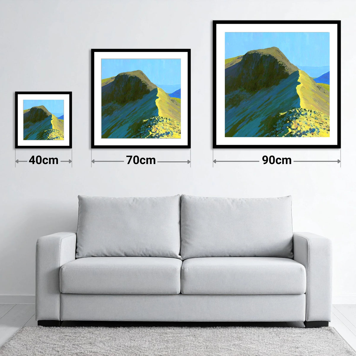 Sunlit Bowfell Ridge Path - size guide showing 40cm, 70cm and 90cm art prints