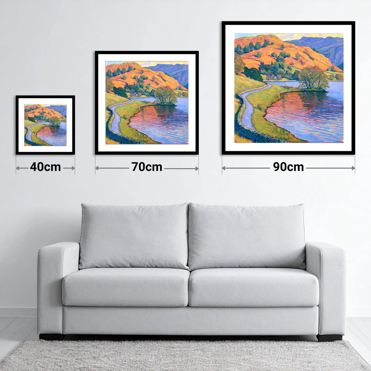 Sunlit Path Beside Rydal Water - size guide showing 40cm, 70cm and 90cm art prints