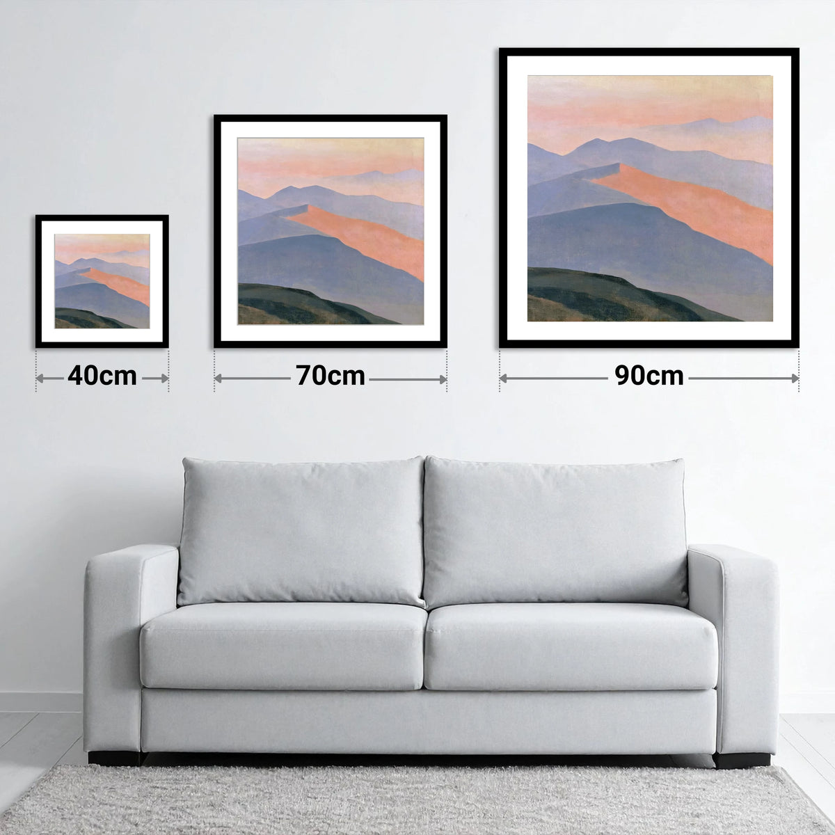 Pastel Fells from the Summit - size guide showing 40cm, 70cm and 90cm art prints