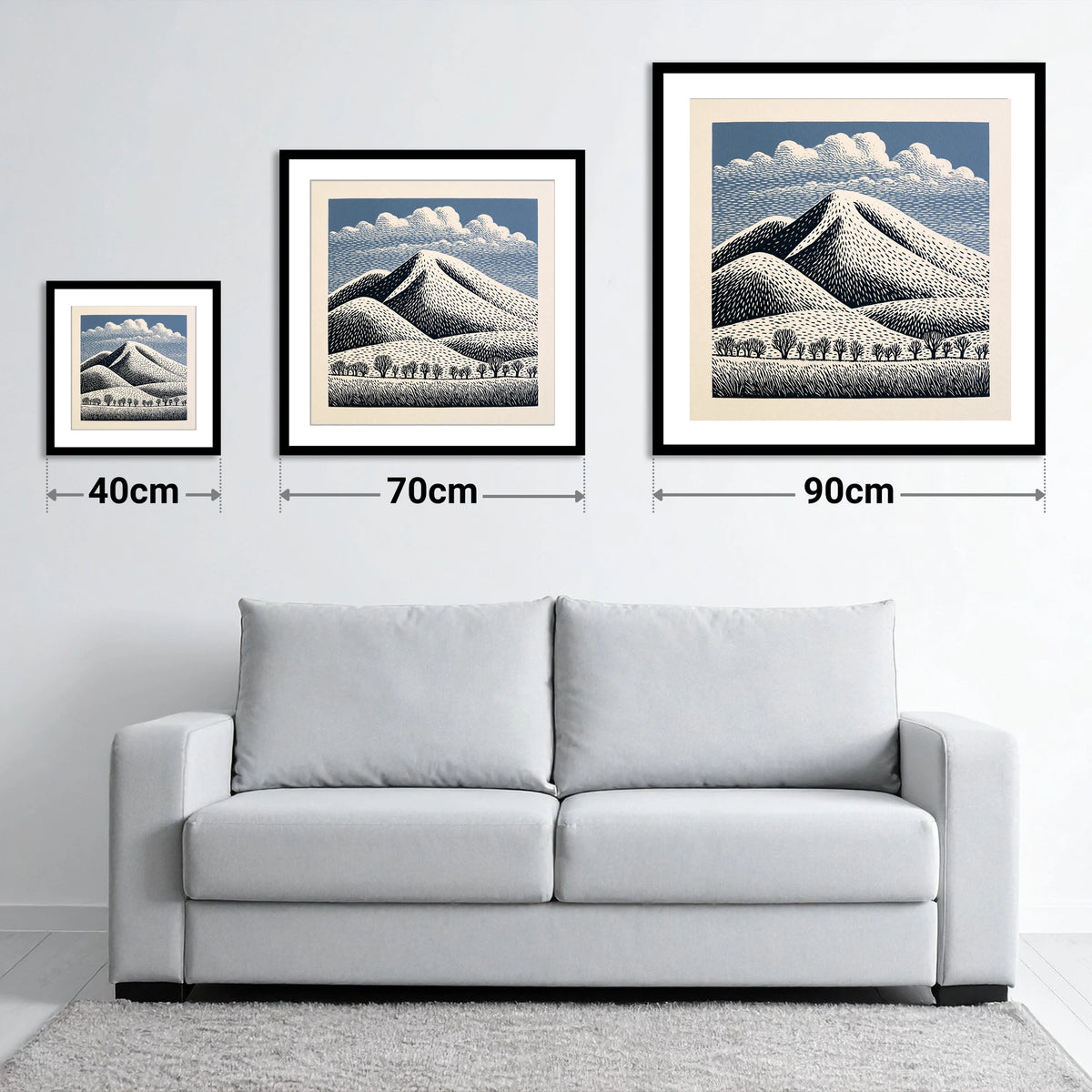 Skiddaw Mountain Beneath Patterned Clouds - size guide showing 40cm, 70cm and 90cm art prints