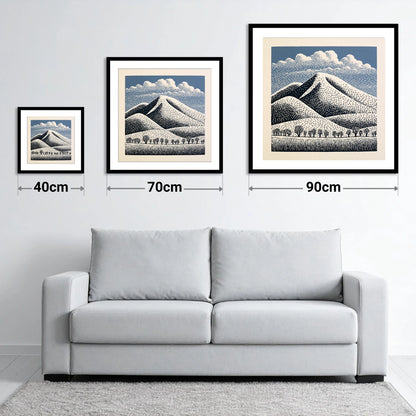 Skiddaw Mountain Beneath Patterned Clouds - size guide showing 40cm, 70cm and 90cm art prints