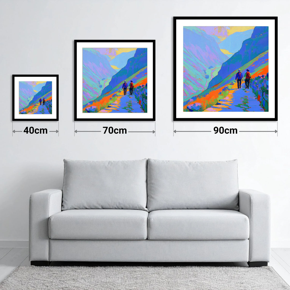 Walkers on a Colourful Mountain Path - size guide showing 40cm, 70cm and 90cm art prints