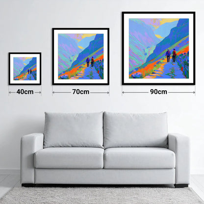 Walkers on a Colourful Mountain Path - size guide showing 40cm, 70cm and 90cm art prints
