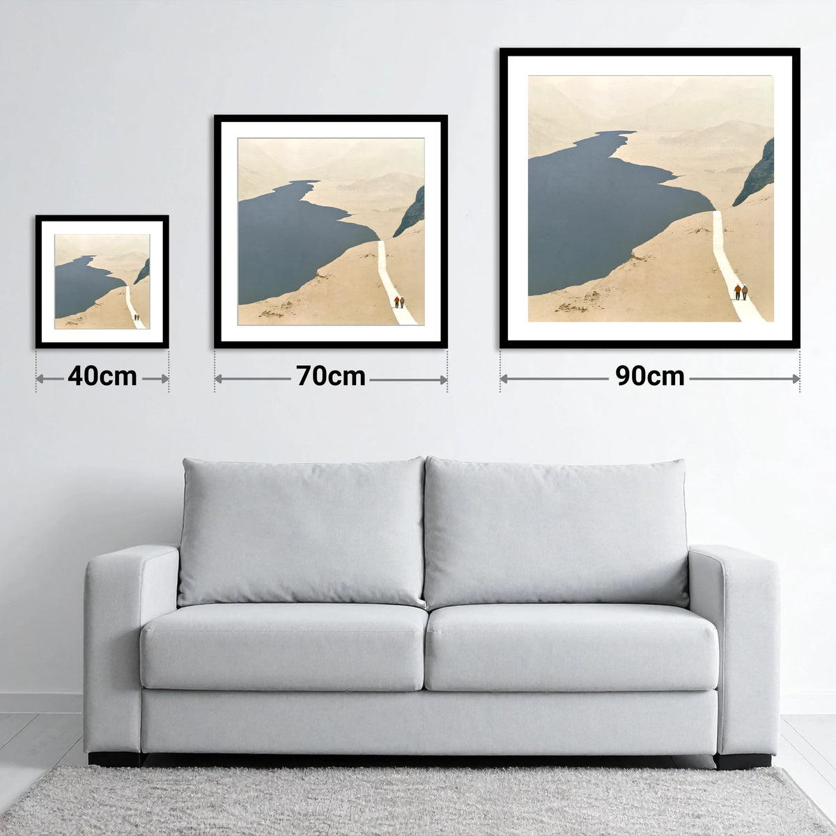 Walkers on a White Mountain Path - size guide showing 40cm, 70cm and 90cm art prints