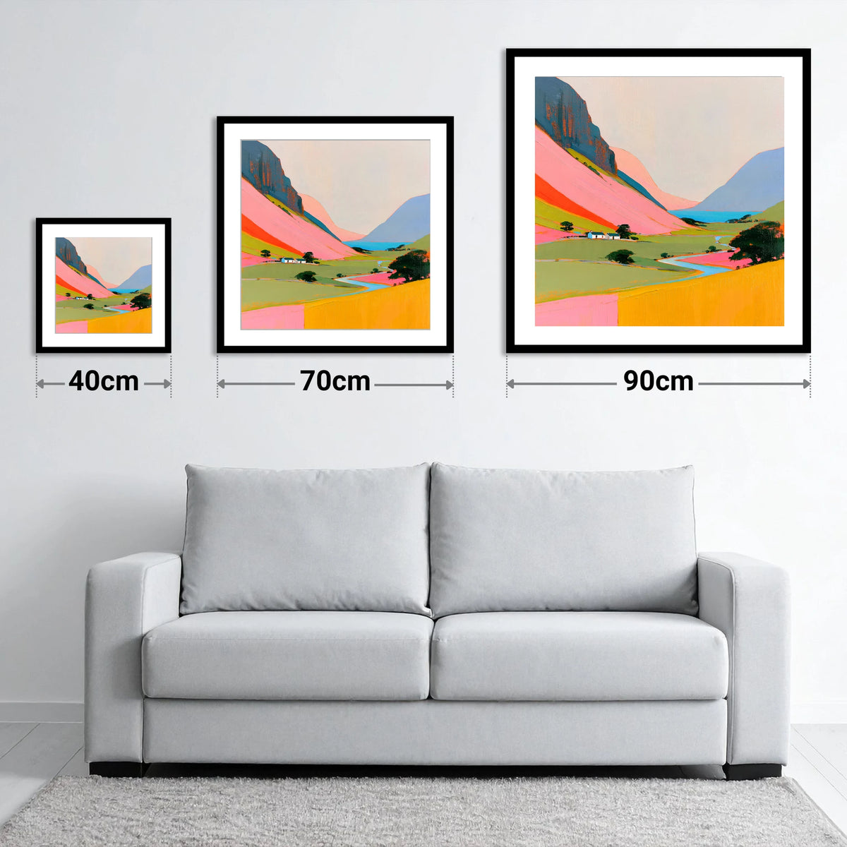 Colourful Valley Between the Fells - size guide showing 40cm, 70cm and 90cm art prints