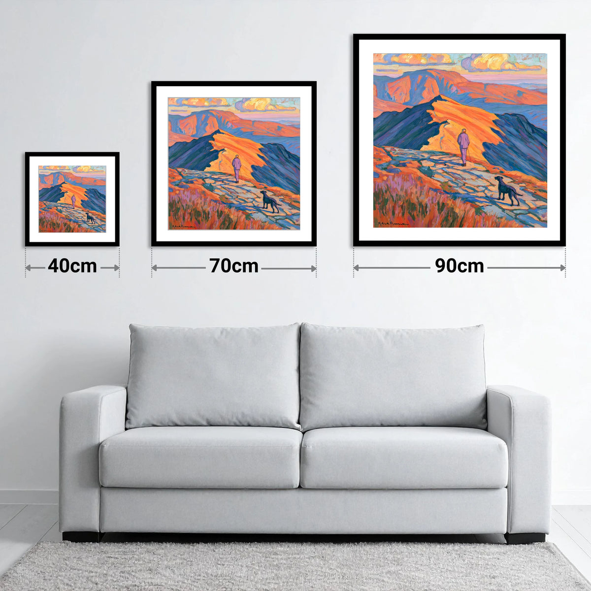 Radiant Helvellyn Dog Walk - size guide showing 40cm, 70cm and 90cm art prints