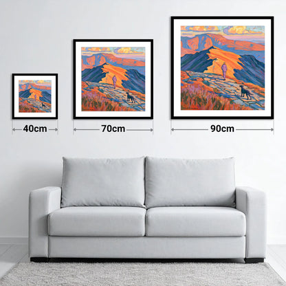 Radiant Helvellyn Dog Walk - size guide showing 40cm, 70cm and 90cm art prints