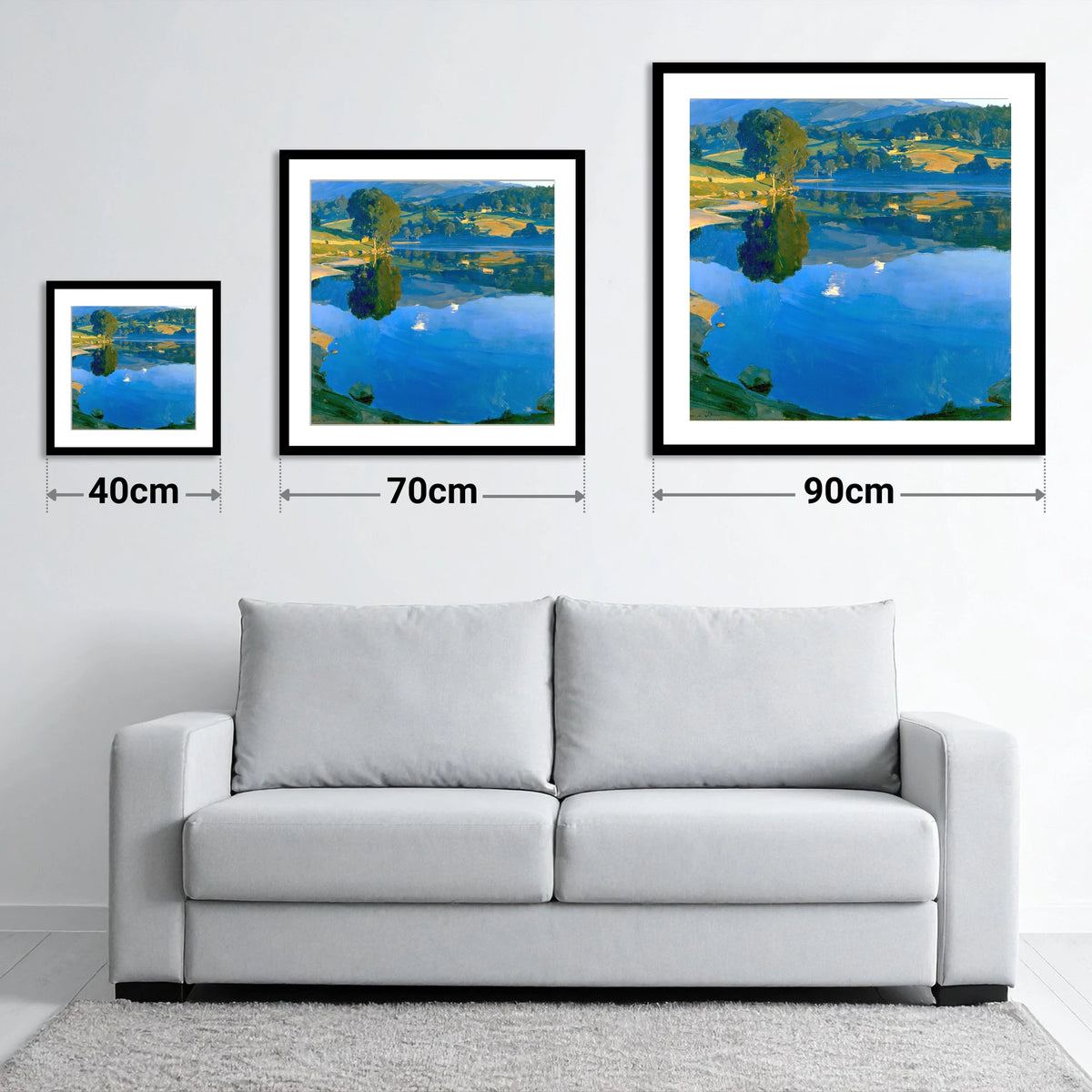 Golden Dawn Over Still Lake - size guide showing 40cm, 70cm and 90cm art prints