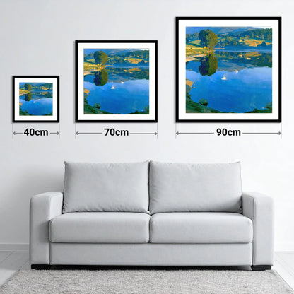 Golden Dawn Over Still Lake - size guide showing 40cm, 70cm and 90cm art prints