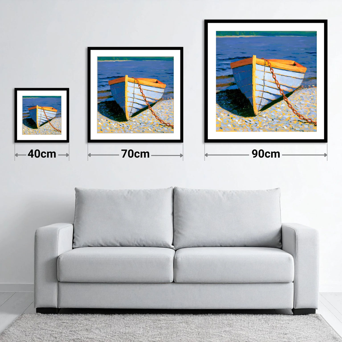 Blue Wooden Boat on Windermere - size guide showing 40cm, 70cm and 90cm art prints