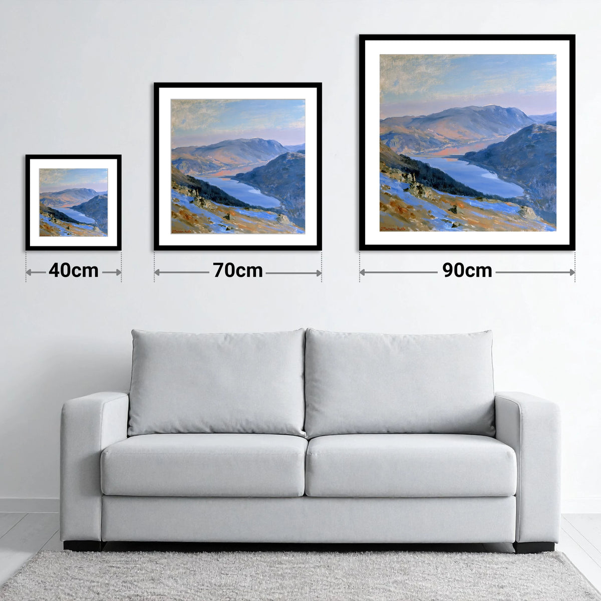 Sunlit Thirlmere from Western Fells - size guide showing 40cm, 70cm and 90cm art prints
