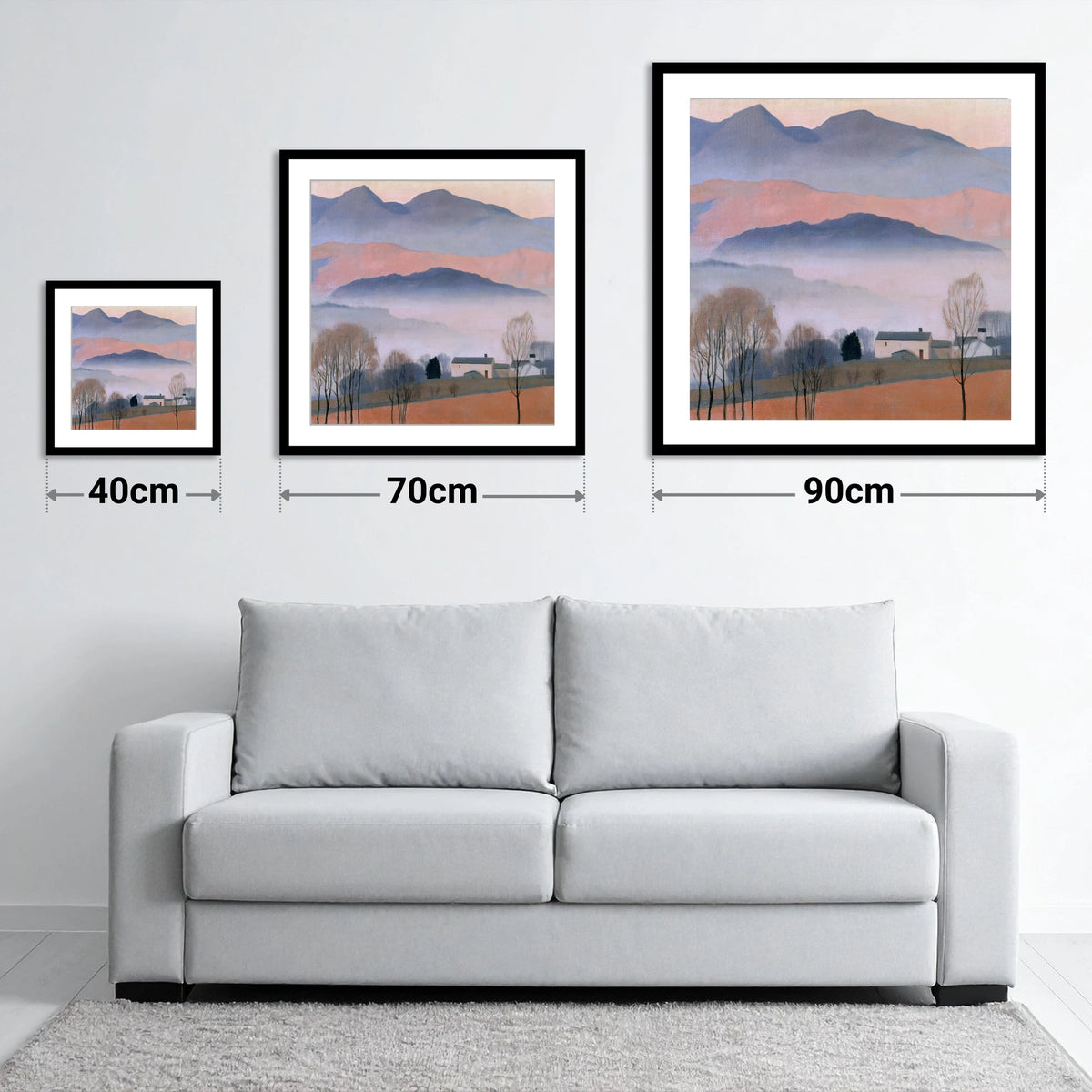 Pastel Fells and Morning Mist - size guide showing 40cm, 70cm and 90cm art prints