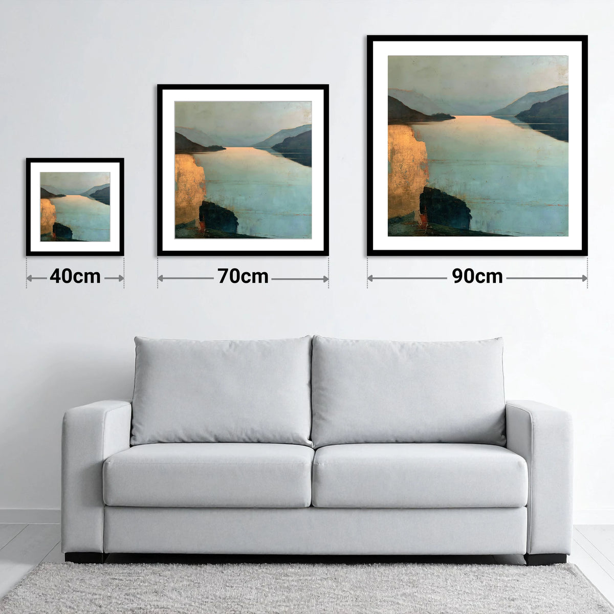Distant Golden Light on Ullswater - size guide showing 40cm, 70cm and 90cm art prints