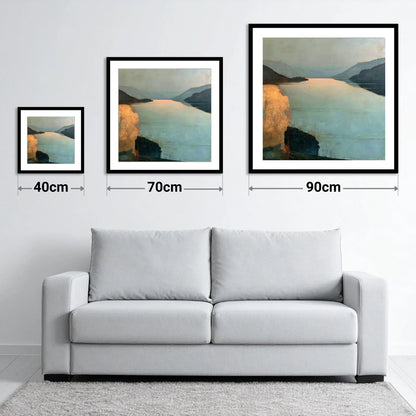 Distant Golden Light on Ullswater - size guide showing 40cm, 70cm and 90cm art prints
