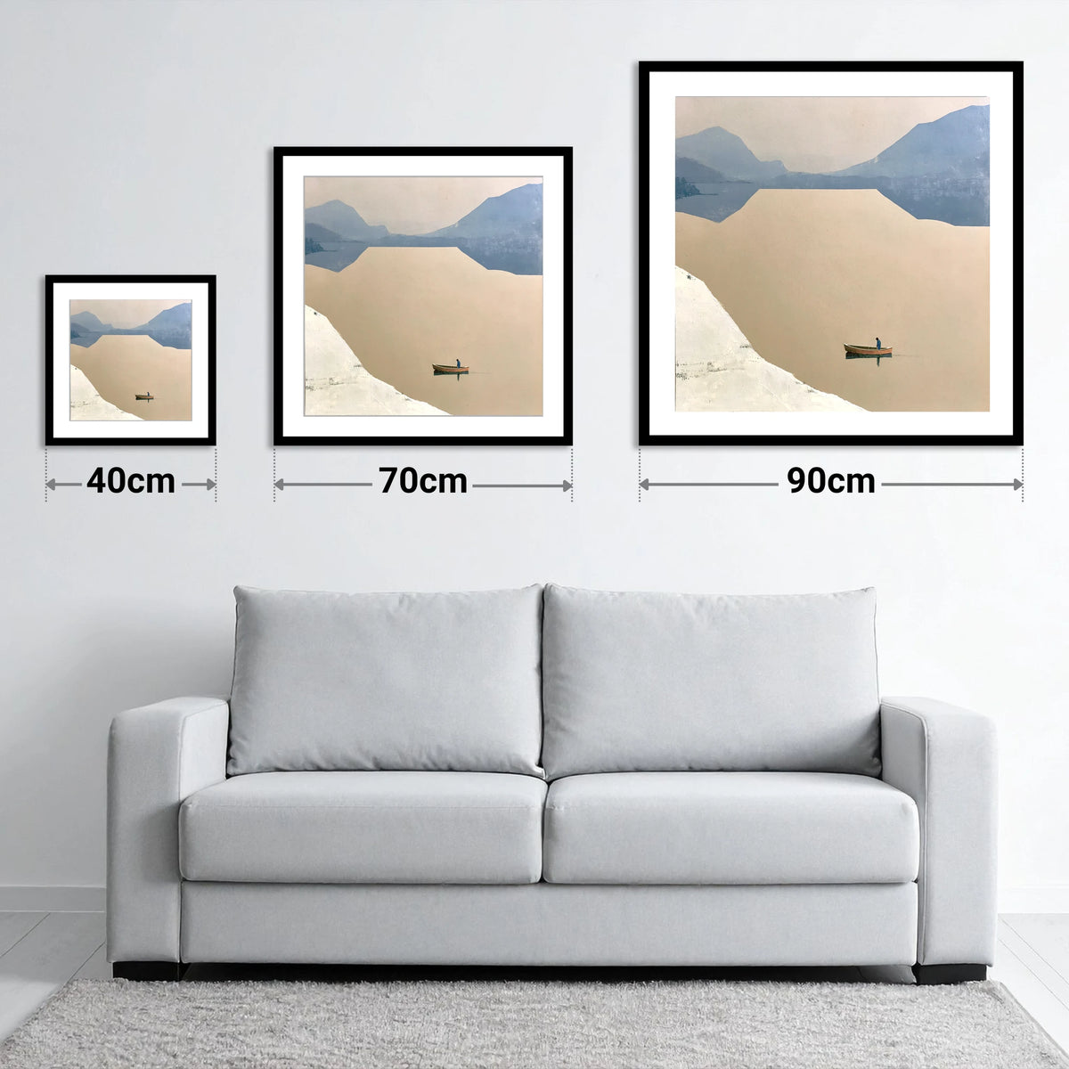 Lone Rower on an Ochre Lake - size guide showing 40cm, 70cm and 90cm art prints